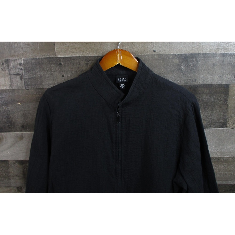 Eileen Fisher Jacket Womens Medium Black Full Zip Mock Neck Cotton Blend Casual